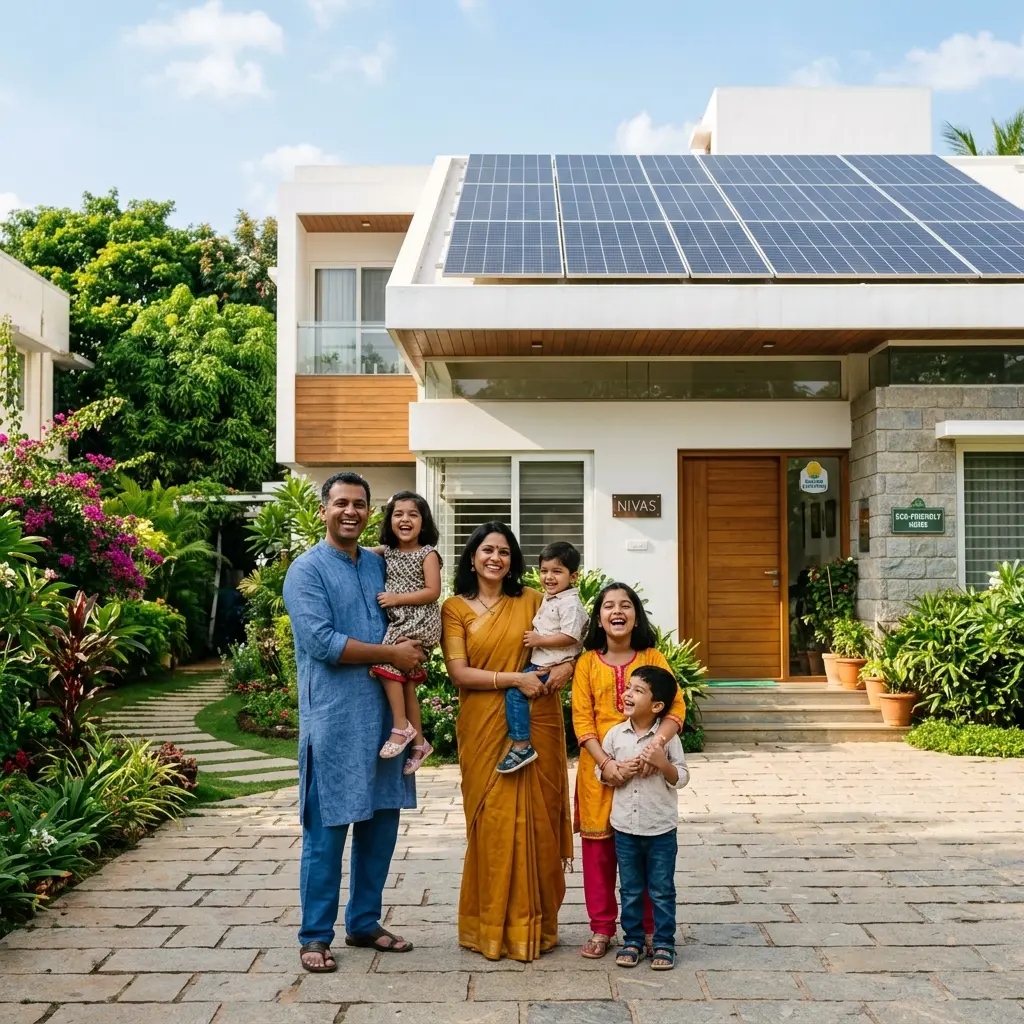 Indian family smiling in front of a modern home with residential rooftop solar panels